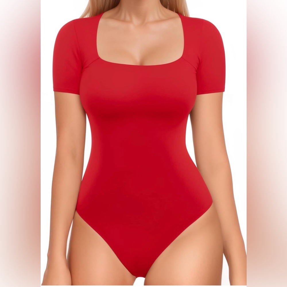 Double Lined Short Sleeve Bodysuit - Square Neck
